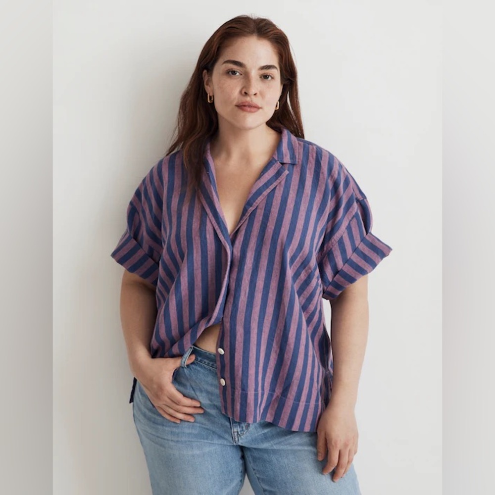 NWT Madewell 100% Linen Camp Shirt in Detmer pink and purple stripe -2X Plus